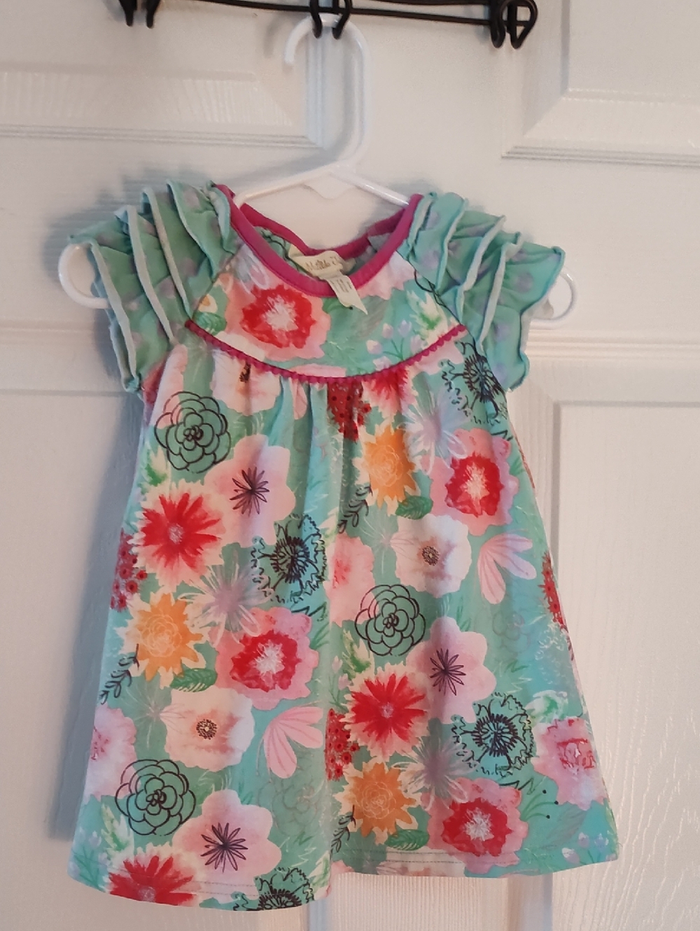 Matilda Jane Mint Floral Ruffle Sleeve Dress with Pink Trim